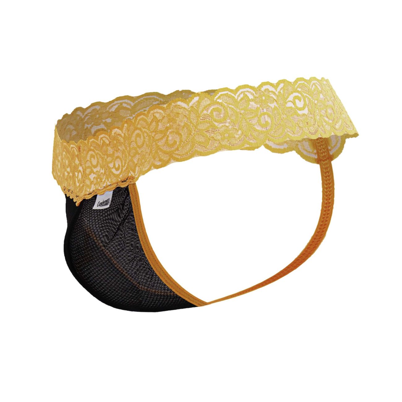 CandyMan 99370 lace thong in black mesh with yellow lace trim and orange elastic straps visible from the front