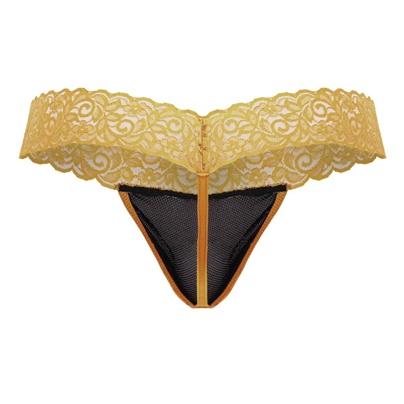 CandyMan 99370 lace thong in orange yellow with black mesh lining and gold-toned trim front view