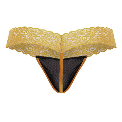 CandyMan 99370 lace thong in orange yellow with black mesh lining and gold-toned trim front view