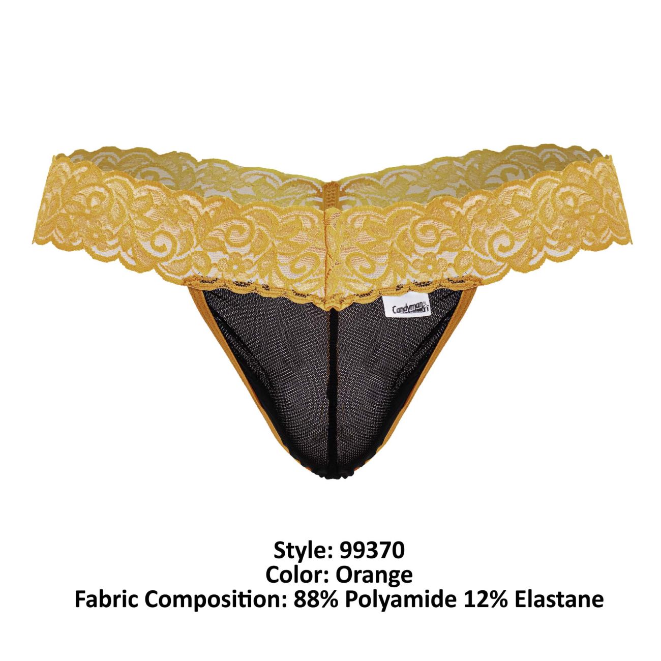CandyMan 99370 lace thong in orange featuring delicate lace with black mesh interior and gold trim detailing