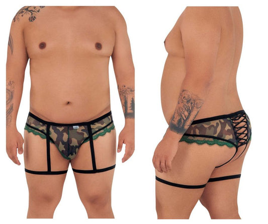 Back view of candyman 99580x garter camo thongs in green featuring camouflage lace trim and black elastic crisscross straps