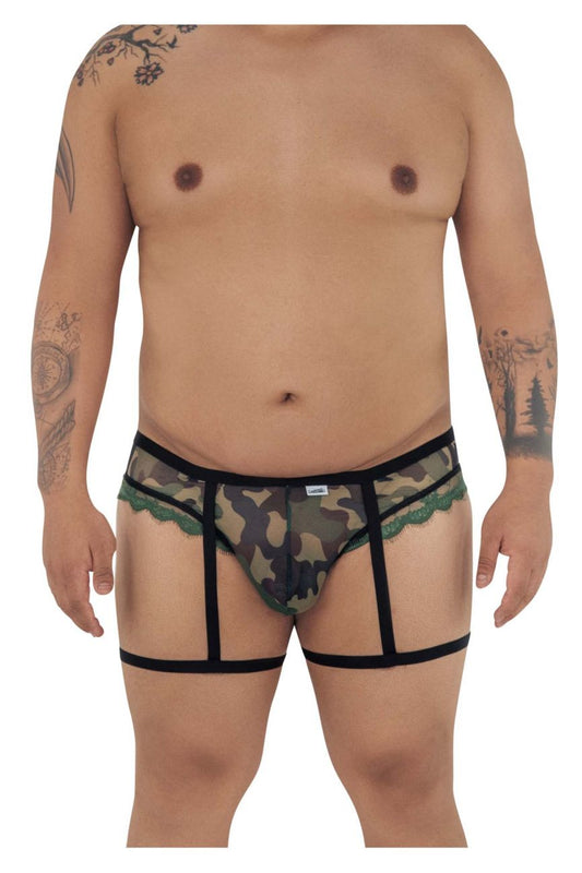 CandyMan 99580X garter camo thongs in green with camouflage pattern transparent briefs black lace trim and straps