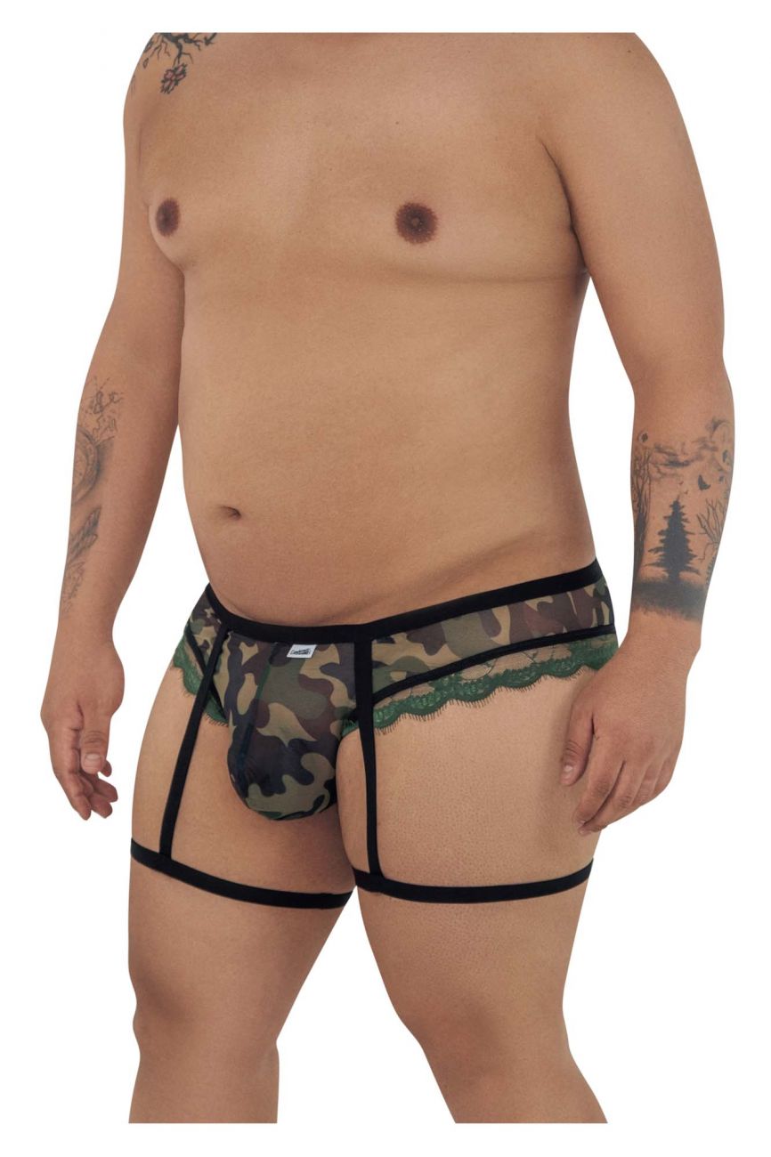 CandyMan 99580X garter camo thongs in green featuring camouflage pattern black lace trim and supportive straps