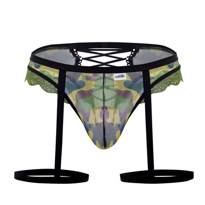CandyMan 99580X garter camo thongs in green mesh briefs with black lace trim and adjustable straps