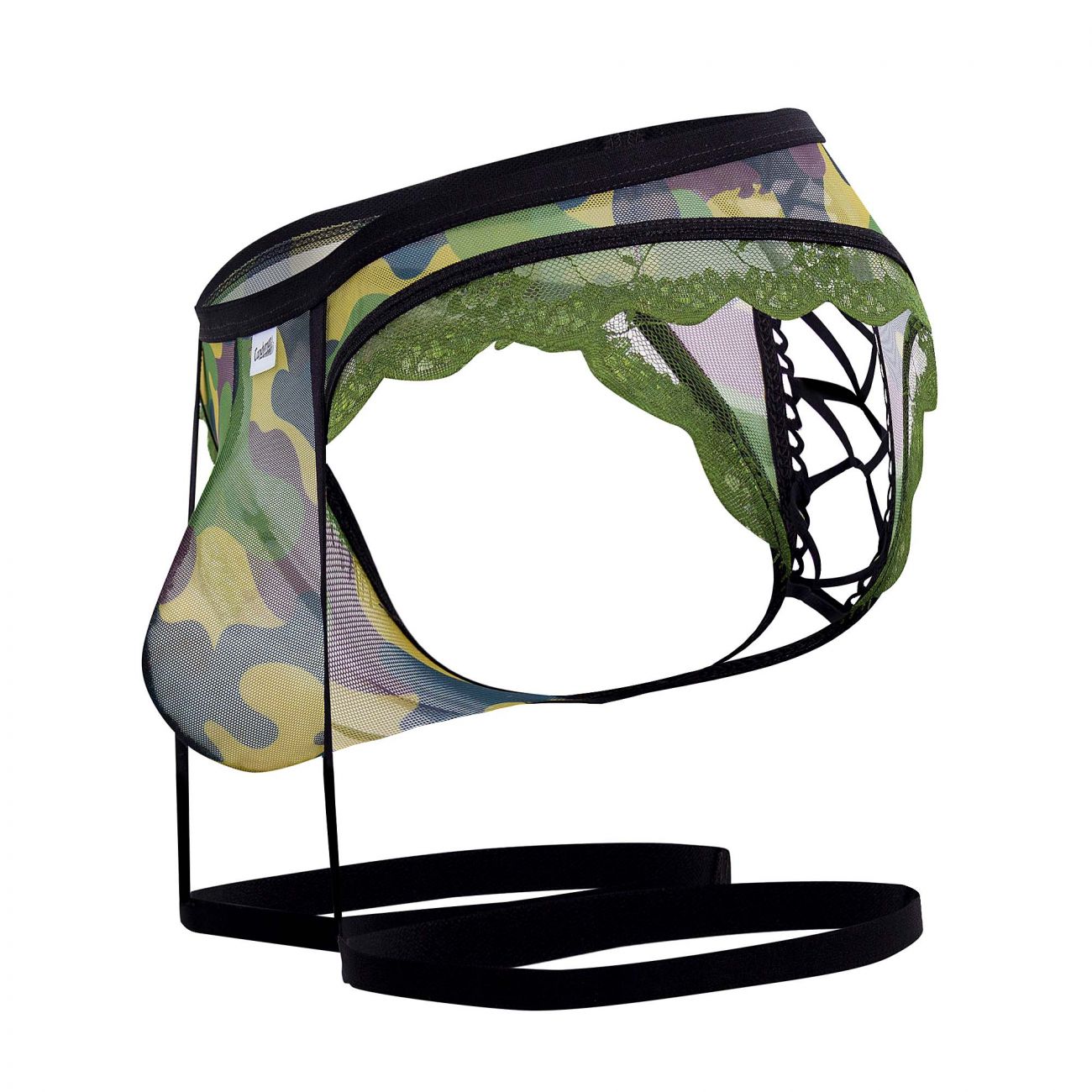 CandyMan 99580X garter camo thongs green mesh briefs with camouflage pattern black lace trim and adjustable straps