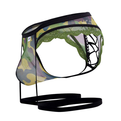 CandyMan 99580X garter camo thongs green mesh briefs with camouflage pattern black lace trim and adjustable straps