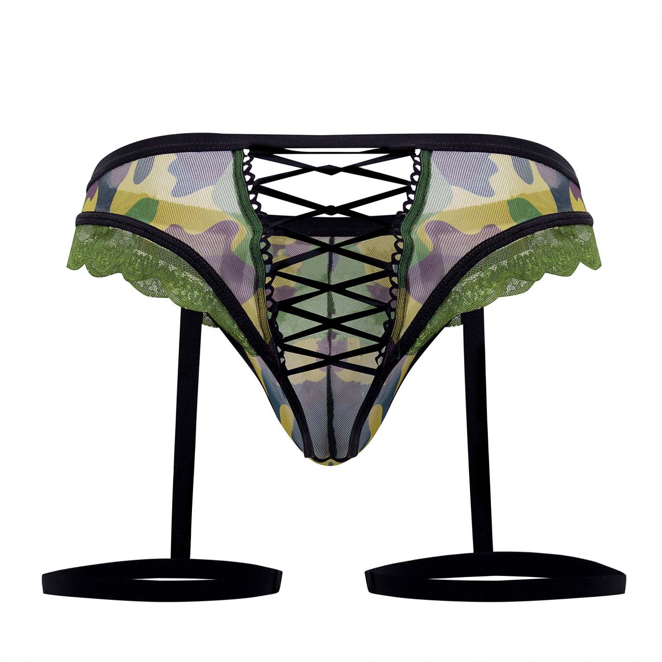 CandyMan 99580X garter camo thongs in green with camouflage lace-trimmed garter belt and black crisscross lacing