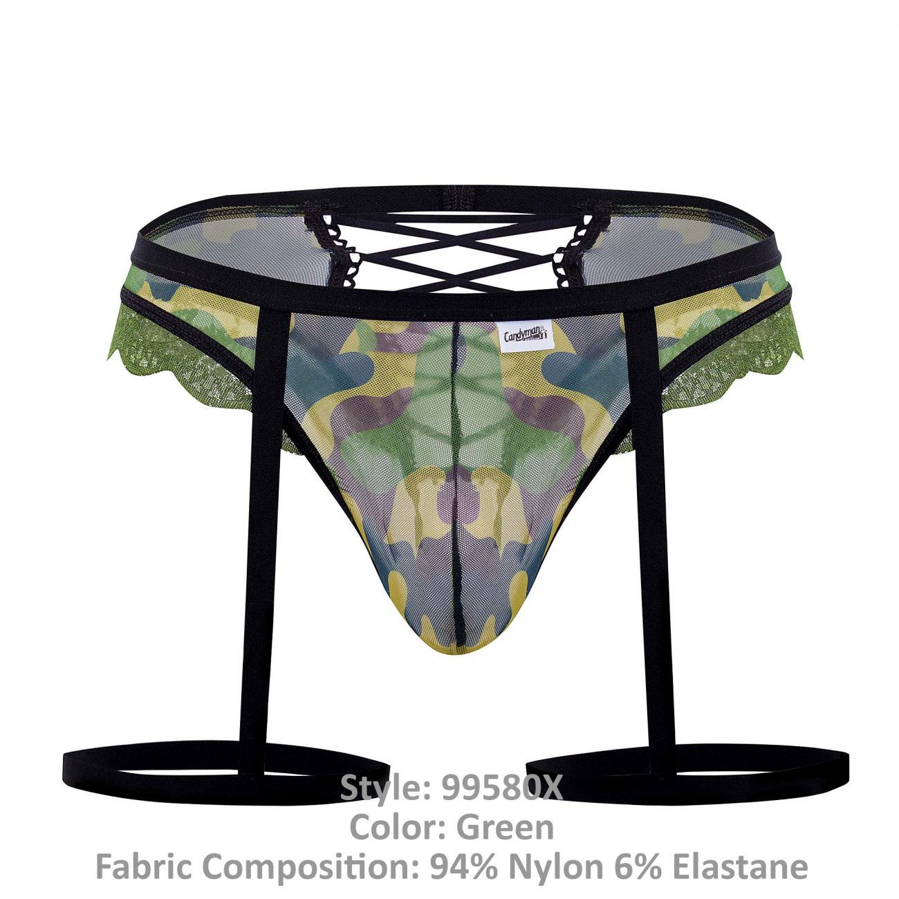 Green camouflage-patterned mesh CandyMan 99580X garter thongs with black lace trim and adjustable straps front view