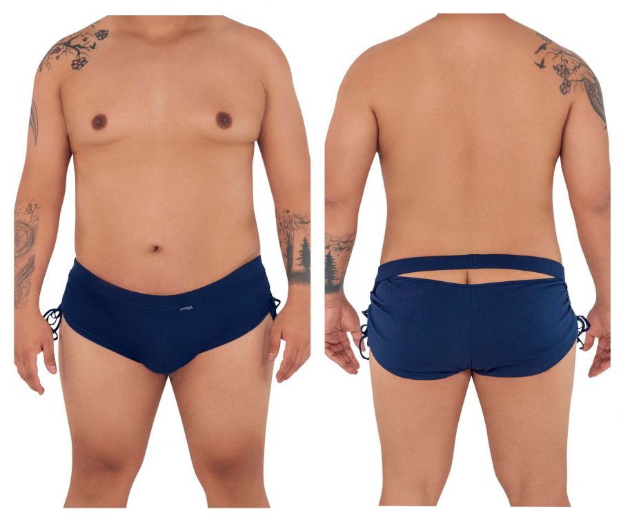 Navy blue CandyMan 99602X lounge pajama shorts with side ties and a back cutout design shown from the back side