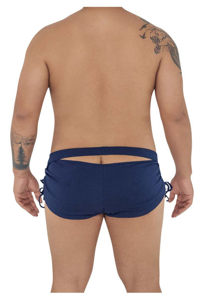 CandyMan 99602X lounge pajama shorts in navy with side ties and back cutout shown from the back side