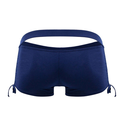 Back view of candyman 99602x lounge pajama shorts navy blue swim trunks with cutout back and side ties