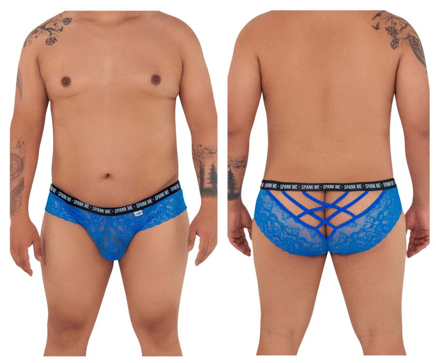 Back view of dark blue candyman 99615x spank me lace briefs with crisscross design and black branded waistband