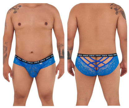 Back view of dark blue candyman 99615x spank me lace briefs with crisscross design and black branded waistband