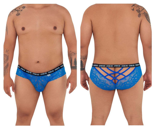 Back view of dark blue candyman 99615x spank me lace briefs with crisscross design and black branded waistband
