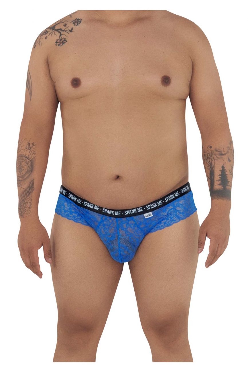 Dark blue CandyMan 99615X spank me lace briefs with black elastic waistband and logo for men