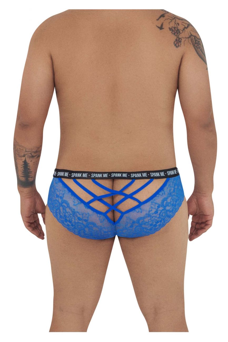 Back view of candyman 99615x spank me dark blue lace men’s briefs with crisscross design and black logo waistband
