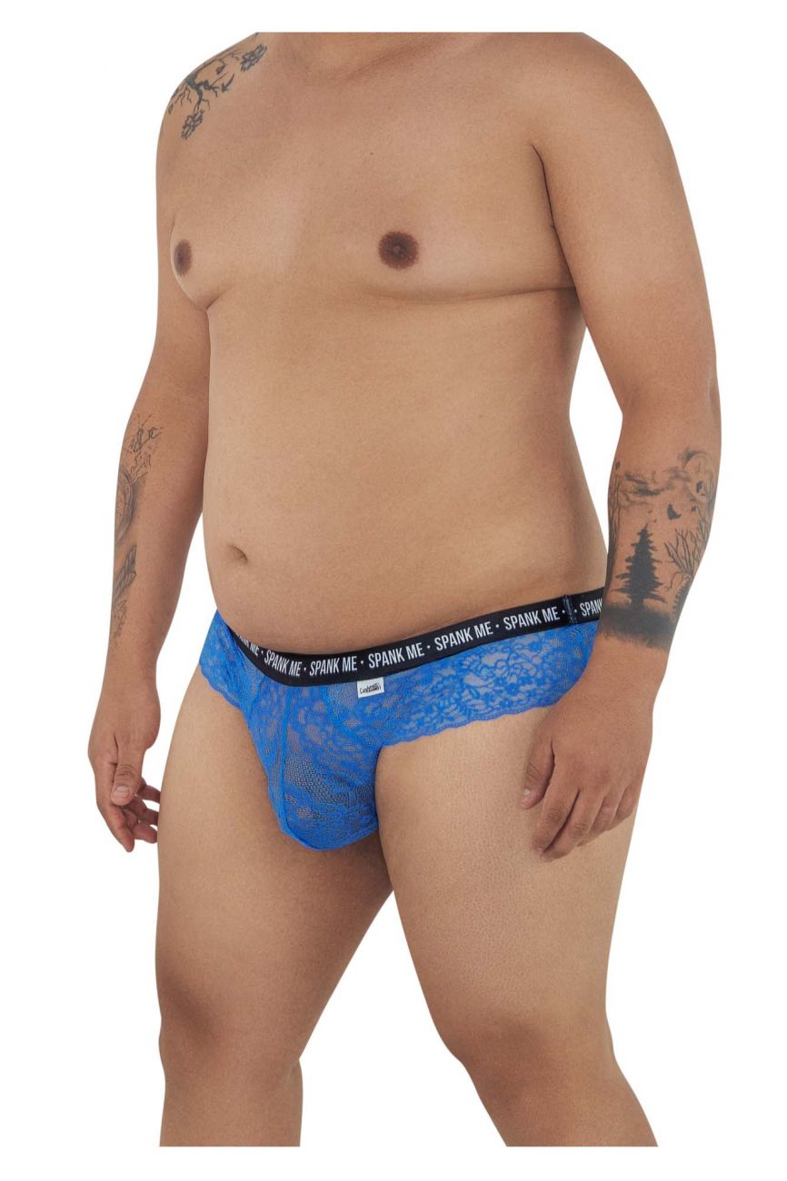 Dark blue candyman 99615x lace briefs with black elastic waistband featuring spank me text repeated