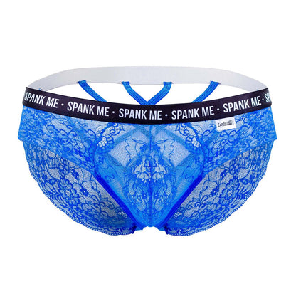 CandyMan 99615X spank me lace briefs in dark blue with white waistband and black trim featuring spank me branding