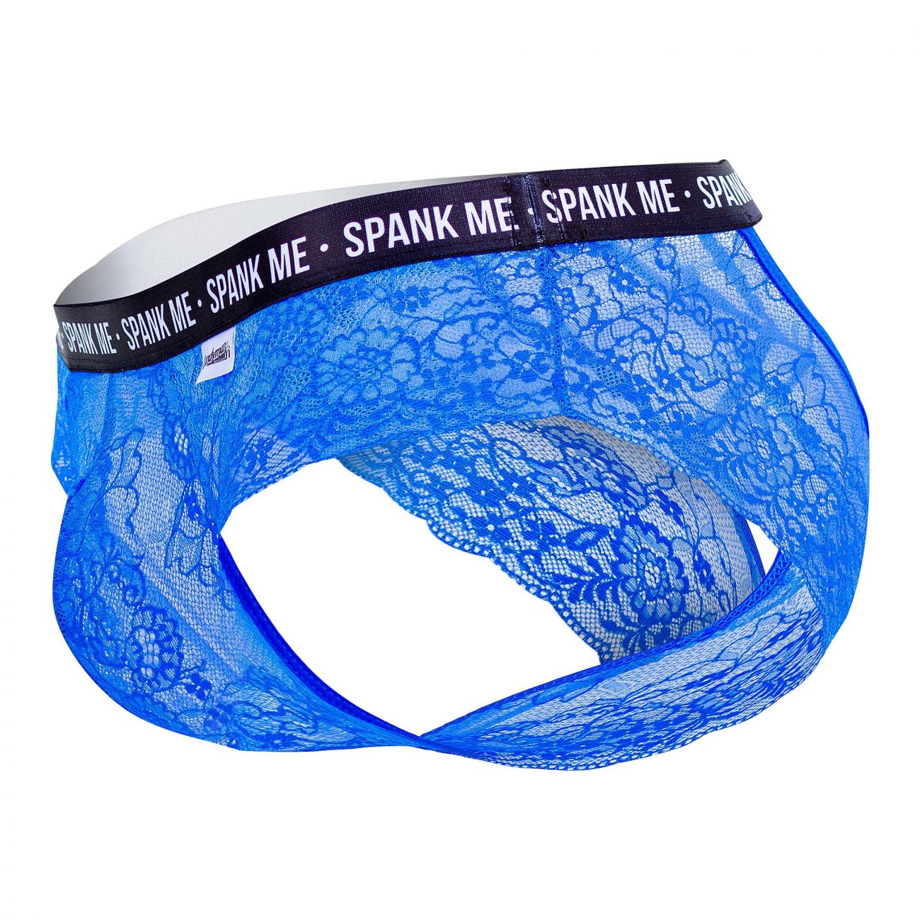 Blue lace men’s briefs with black waistband featuring spank me text candyMan 99615X lace briefs dark blue