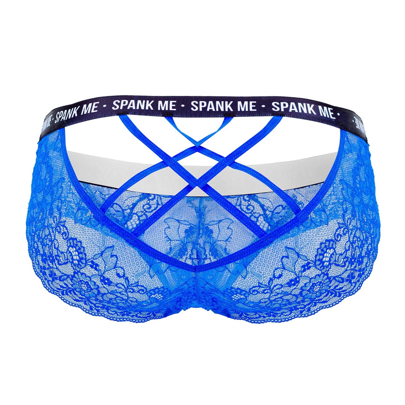 Blue lace thong brief with crisscross back design and black spank me waistband by candyman in dark blue
