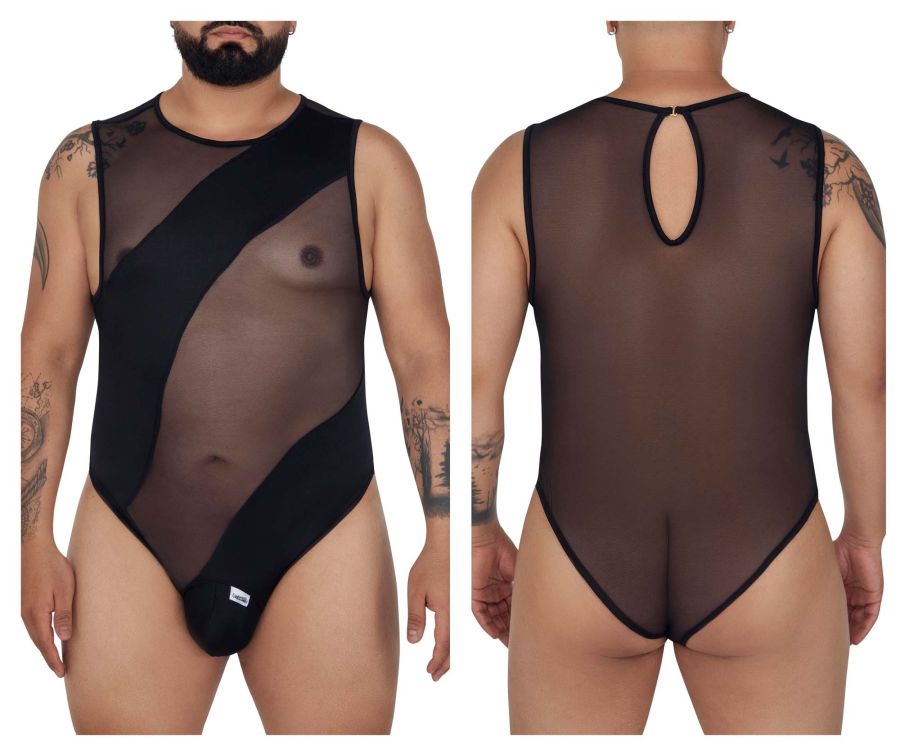 CandyMan 99699X mesh bodysuit in black sheer mesh with opaque panels and keyhole back detail shown from the back