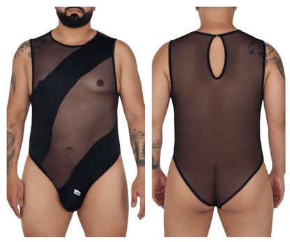 CandyMan 99699X mesh bodysuit in black sheer mesh with opaque panels and keyhole back detail shown from the back