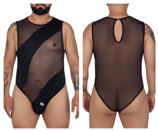 CandyMan 99699X mesh bodysuit in black sheer mesh with opaque panels and keyhole back detail shown from the back