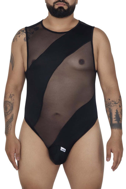 CandyMan 99699X black sheer mesh bodysuit with opaque panels and round neckline for stylish lingerie wear