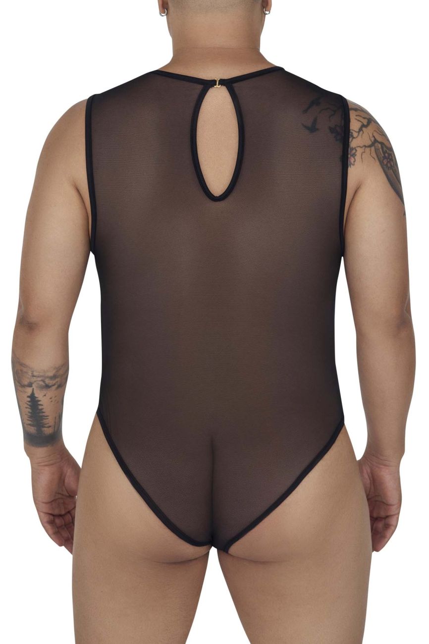 Black sheer mesh one-piece bodysuit with black trim and keyhole back opening from candyman 99699x collection visible from back