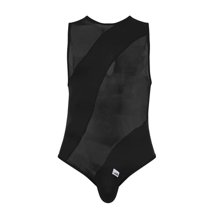 Black candyman 99699x mesh bodysuit with diagonal panel design combining mesh and solid fabric in one piece