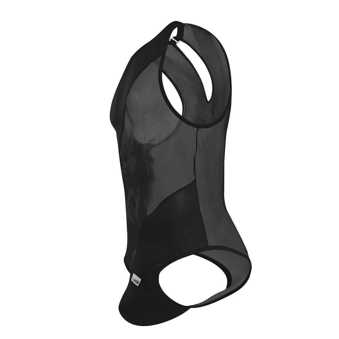 Black mesh tank top with racerback design and cutout details from candyman 99699x mesh bodysuit back side view