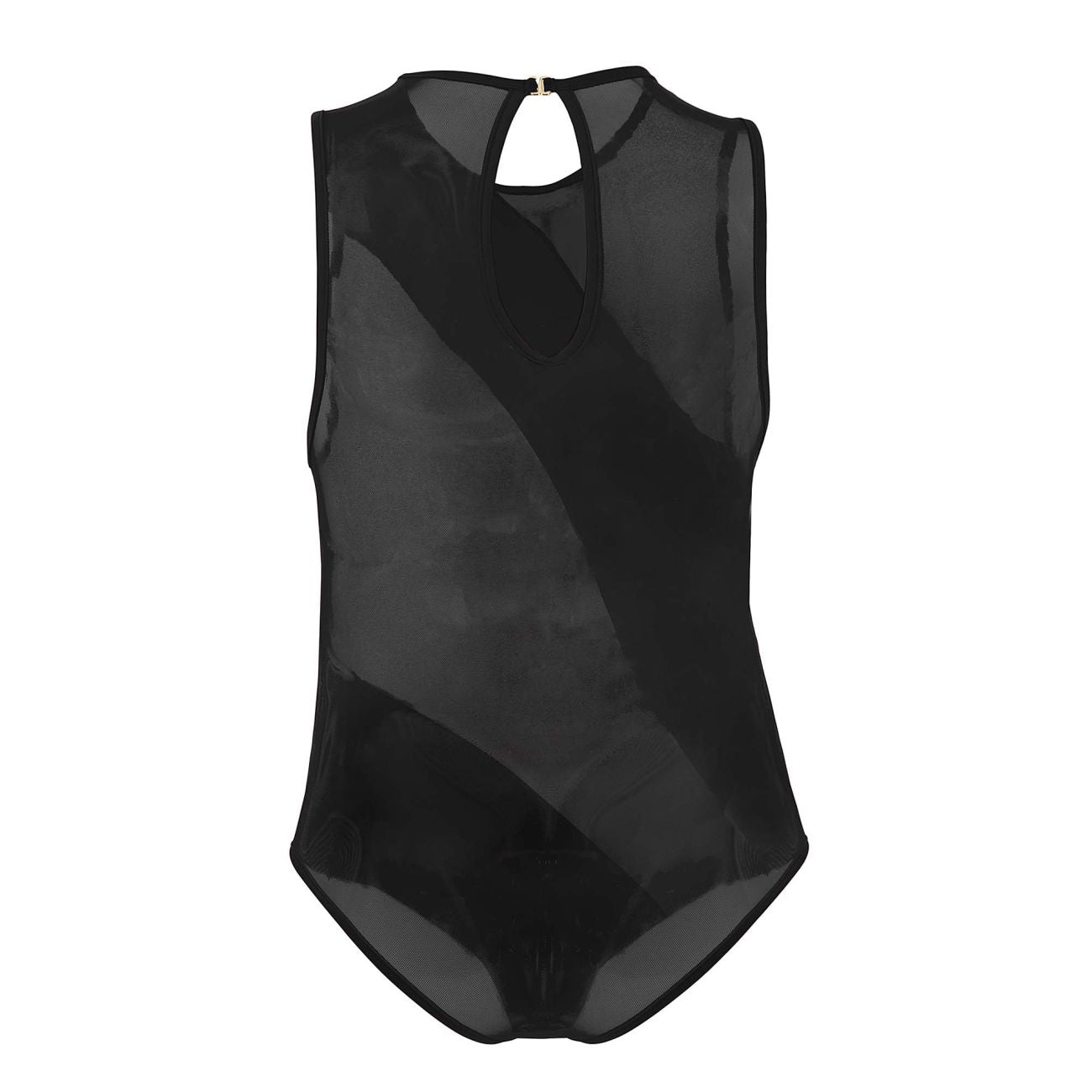 Black sheer mesh one-piece bodysuit with keyhole neckline and back closure candy man 99699X color black back view