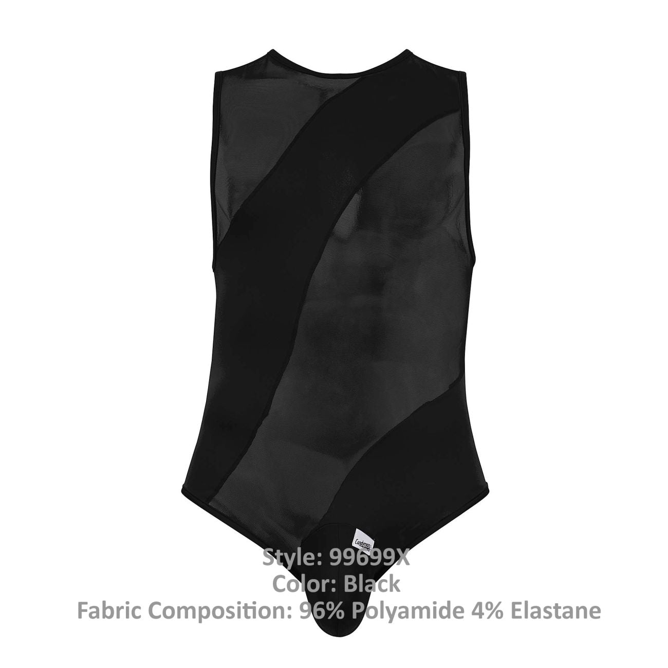 Black sleeveless CandyMan 99699X mesh bodysuit featuring a sheer panel design and breathable fabric
