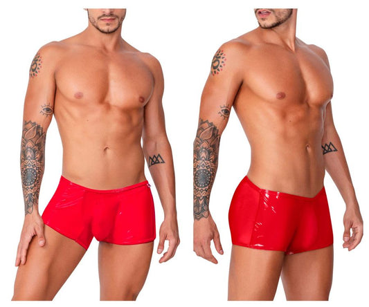 Red glossy latex CandyMan 99737 mesh swim trunks with snug fit and high-cut leg design for men