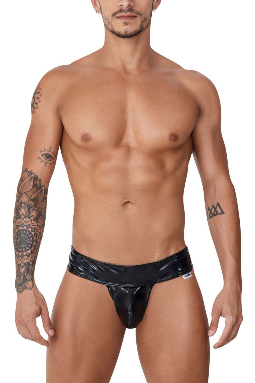 Black candyMan 99742 gloss thong featuring patent leather, wide waistband, and a glossy finish