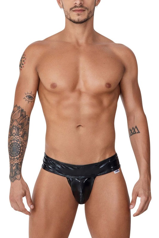 Black candyMan 99742 gloss thong featuring patent leather, wide waistband, and a glossy finish
