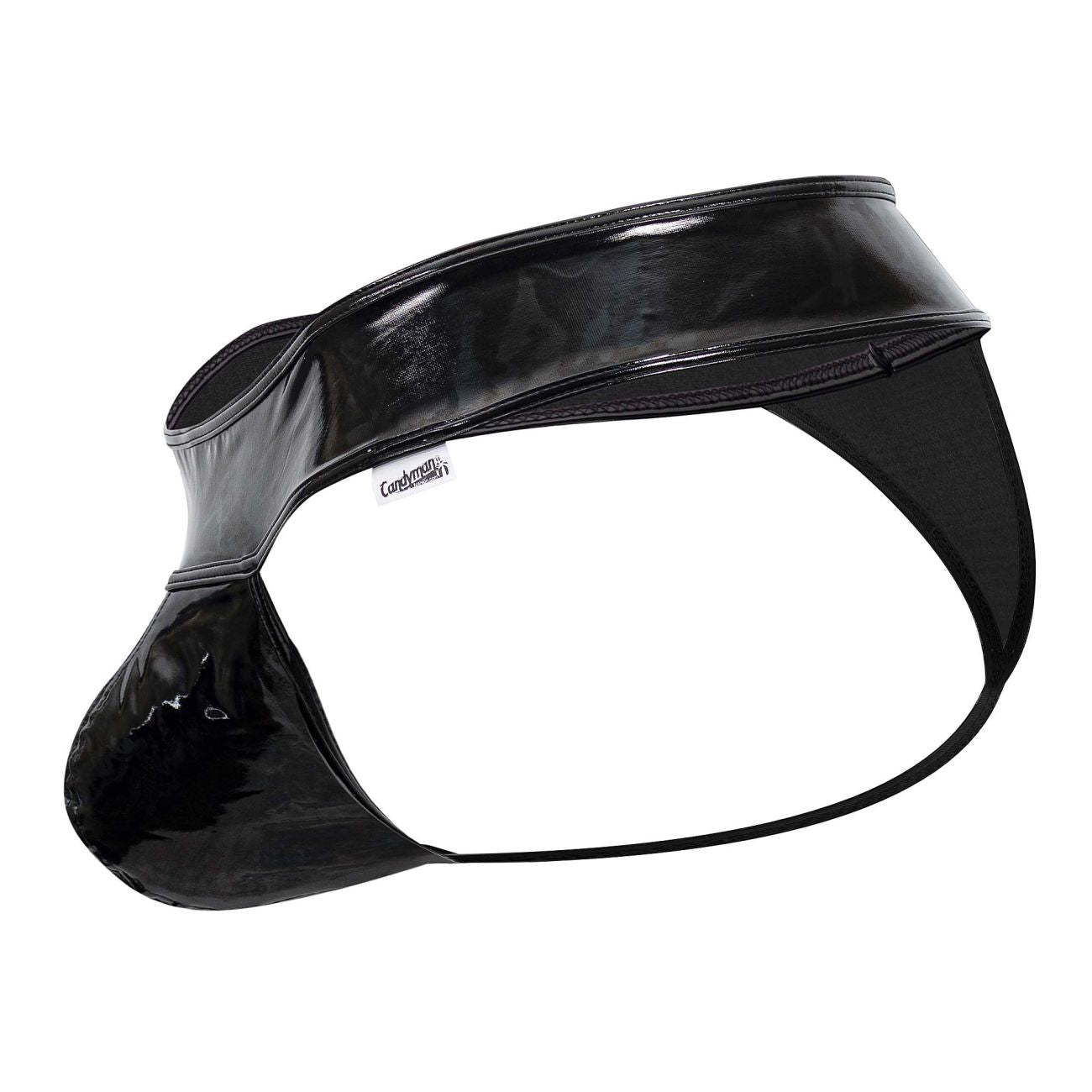 Candyman 99742 gloss thongs black patent leather briefs with sleek glossy finish and reinforced stitching front view