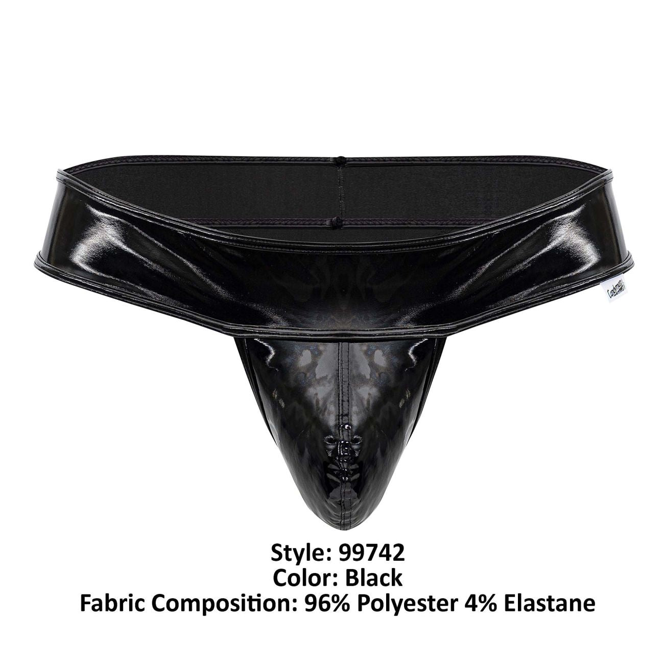 Black patent leather CandyMan 99742 gloss thong with glossy finish and reinforced stitching