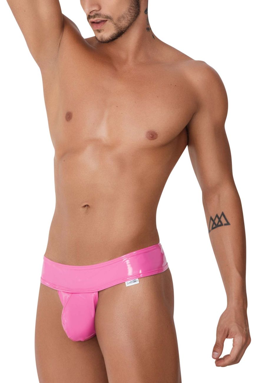 Bright pink glossy latex CandyMan 99742 gloss thong with snug fit and brand tag on waistband front view