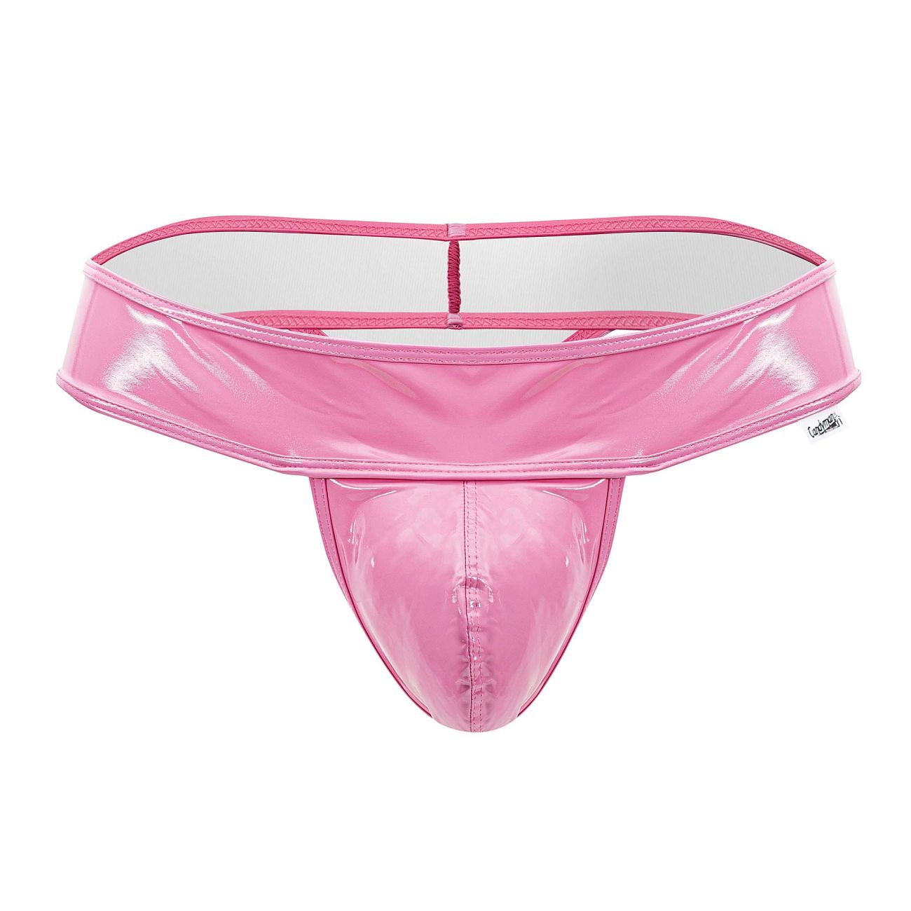 Pink glossy latex thong candy man 99742 with white interior lining showing front side