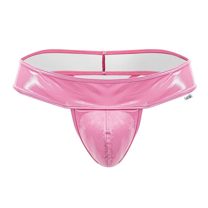 Pink glossy latex thong candy man 99742 with white interior lining showing front side