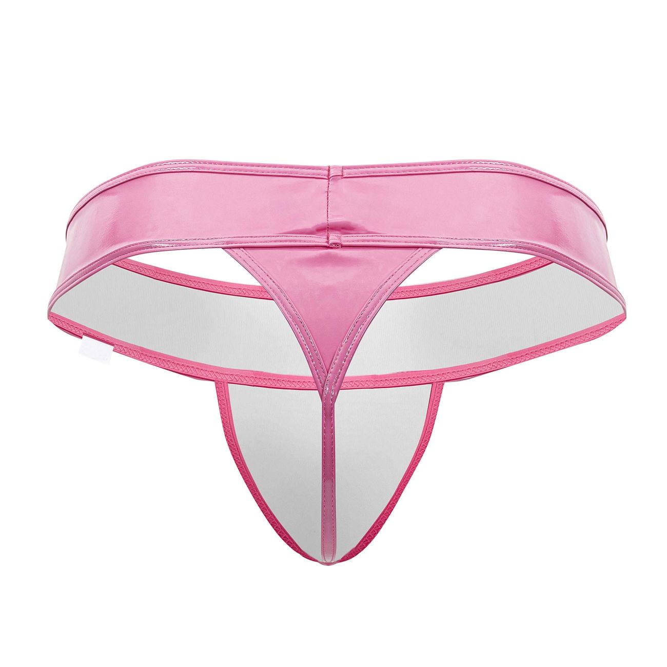 Pink candyman 99742 gloss thong made of shiny latex with transparent white interior and pink stitching visible from front