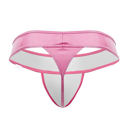 Pink candyman 99742 gloss thong made of shiny latex with transparent white interior and pink stitching visible from front