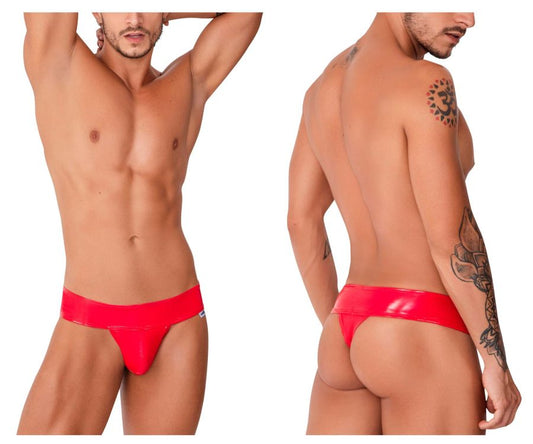 Bright red glossy latex thong candyMan 99742 with narrow waistband and minimal coverage front view