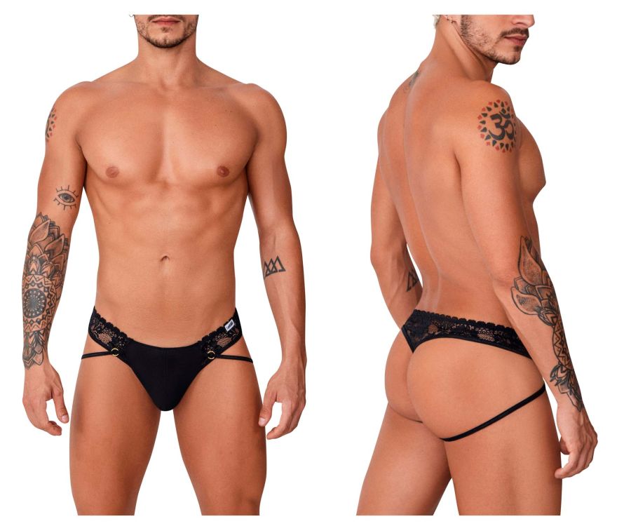 Black lace trimmed thong candyMan 99747 featuring a sleek form fitting design in black lace material