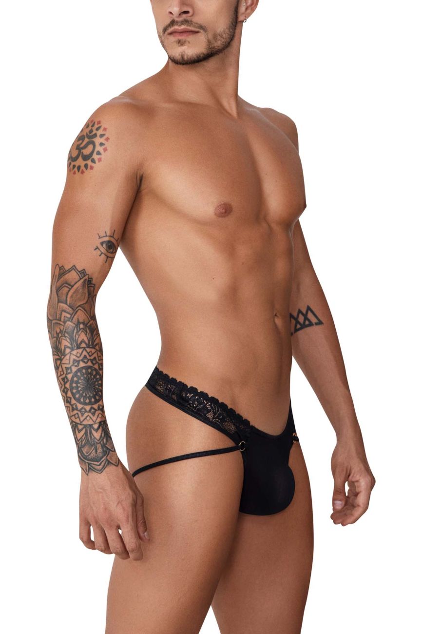 Black lace-trimmed mens thong candyMan 99747 with sleek form-fitting design in black lace material