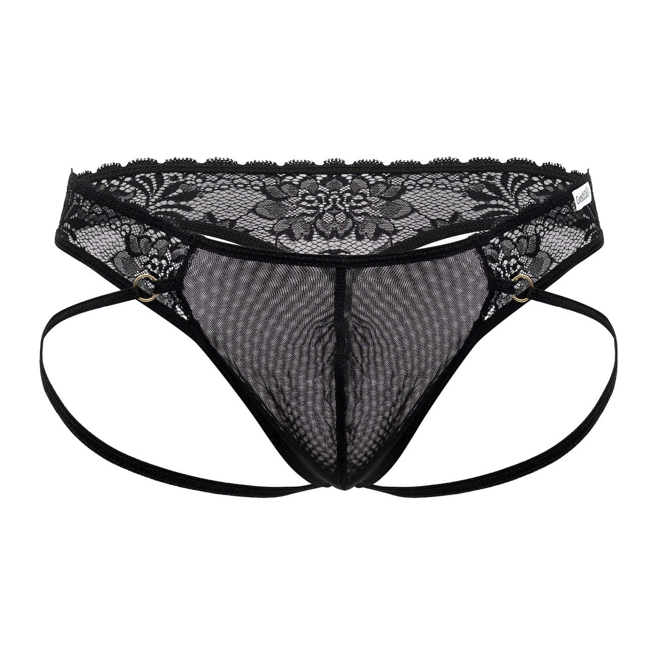 Black lace-trimmed mesh thong with adjustable straps and metallic grommets from Candyman 99747 in black color