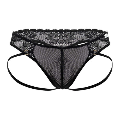 Black lace-trimmed mesh thong with adjustable straps and metallic grommets from Candyman 99747 in black color