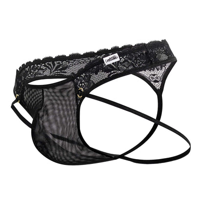 CandyMan 99747 black lace and mesh men’s thong with branded tag showcasing front design