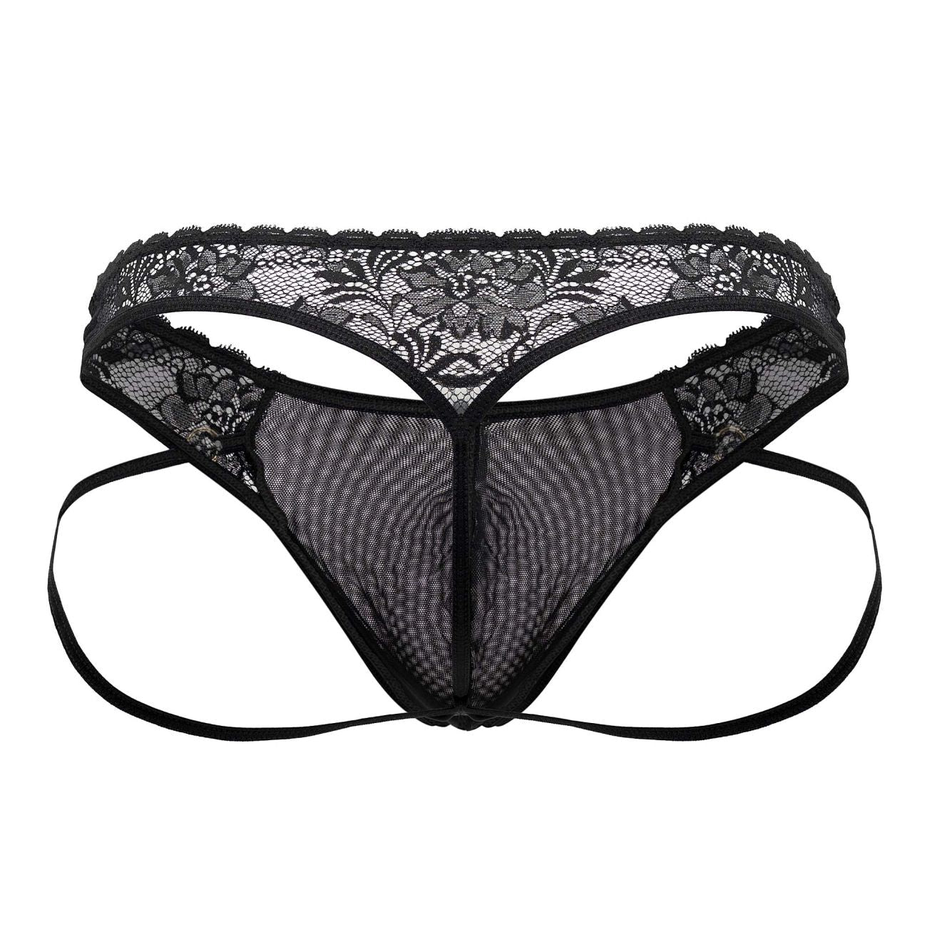 Black lace thong candyMan 99747 with floral pattern and mesh fabric in black shown from the back side